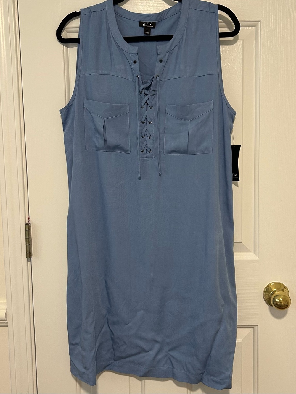 ANA Womens Blue Sleeveless Shift Dress Lace-Up Neck Size Large NWT Summer Travel